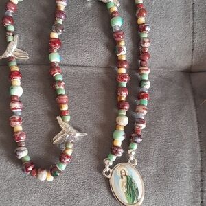 Hummingbird With Woodland Red Green All Beaded Jesus Rosary Catholic Religious